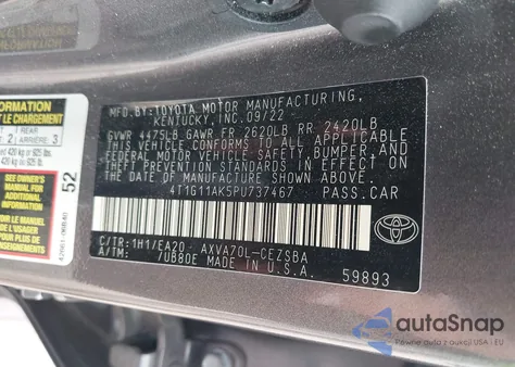 2023 Toyota Camry Se Night Shade/Se из США, поврежденный, VIN 4T1G11AK5PU737467